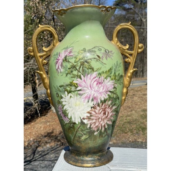 LARGE 15.5" Antique Continental Porcelain Hand Painted Gilt Handled Vase - Picture 2 of 16